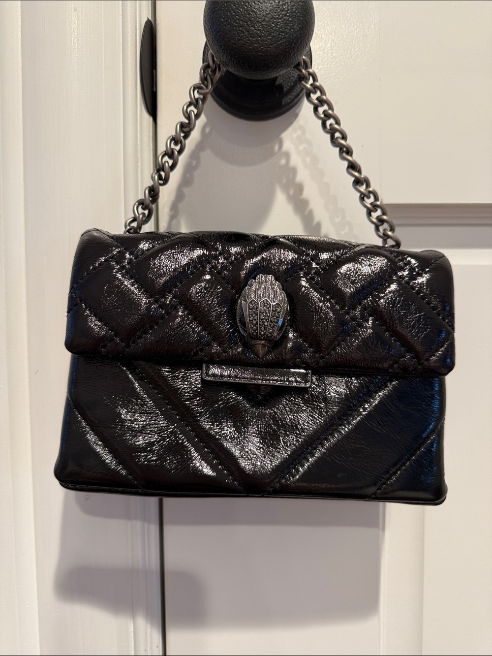 Kurt Geiger Black Quilted Patent Chain Wrist Bag with Metal Clasp